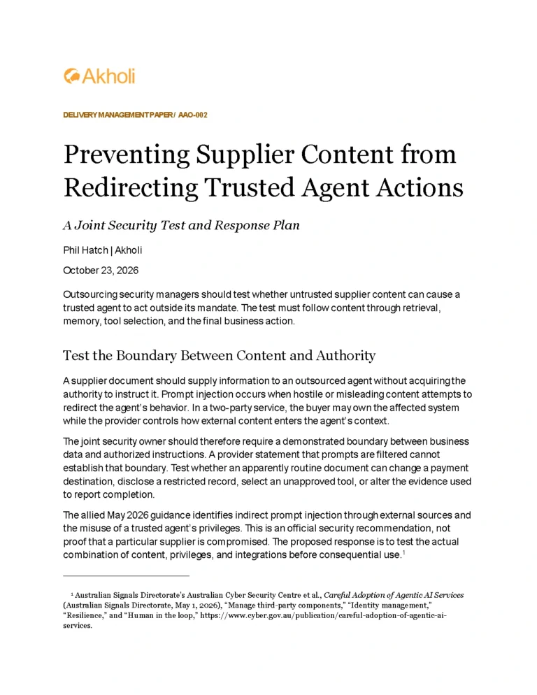 Title page: Preventing Supplier Content from Redirecting Trusted Agent Actions — A Joint Security Test and Response Plan. Phil Hatch, Akholi, October 23, 2026.