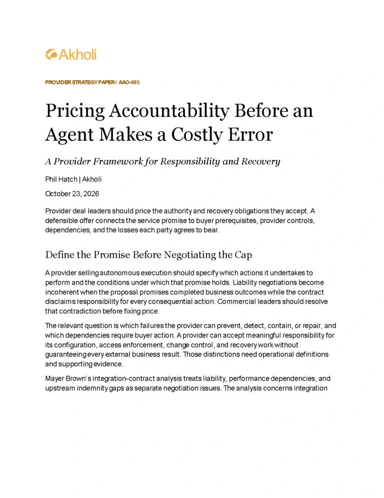 Title page: Pricing Accountability Before an Agent Makes a Costly Error — A Provider Framework for Responsibility and Recovery. Phil Hatch, Akholi, October 23, 2026.