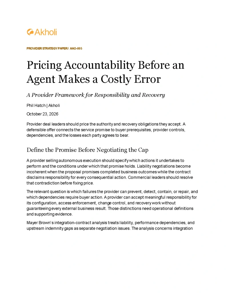 Title page: Pricing Accountability Before an Agent Makes a Costly Error — A Provider Framework for Responsibility and Recovery. Phil Hatch, Akholi, October 23, 2026.
