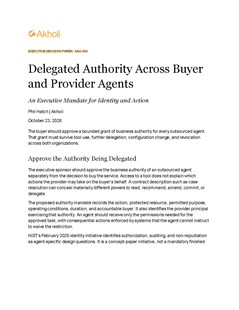 Title page: Delegated Authority Across Buyer and Provider Agents — An Executive Mandate for Identity and Action. Phil Hatch, Akholi, October 23, 2026.