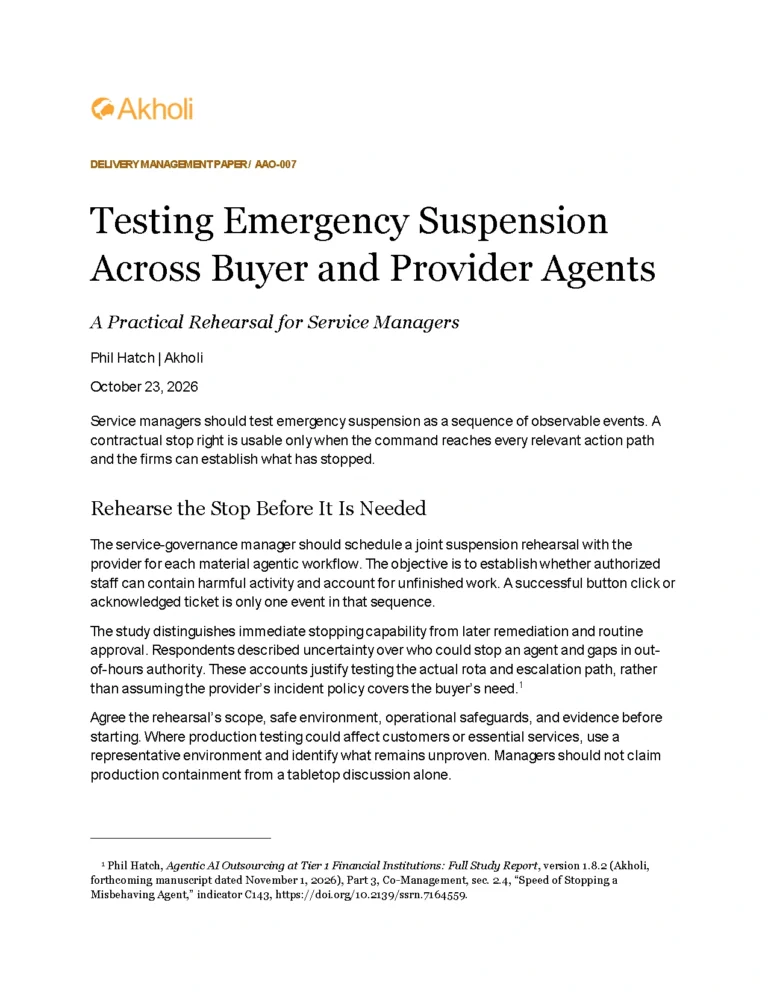 Title page: Testing Emergency Suspension Across Buyer and Provider Agents — A Practical Rehearsal for Service Managers. Phil Hatch, Akholi, October 23, 2026.