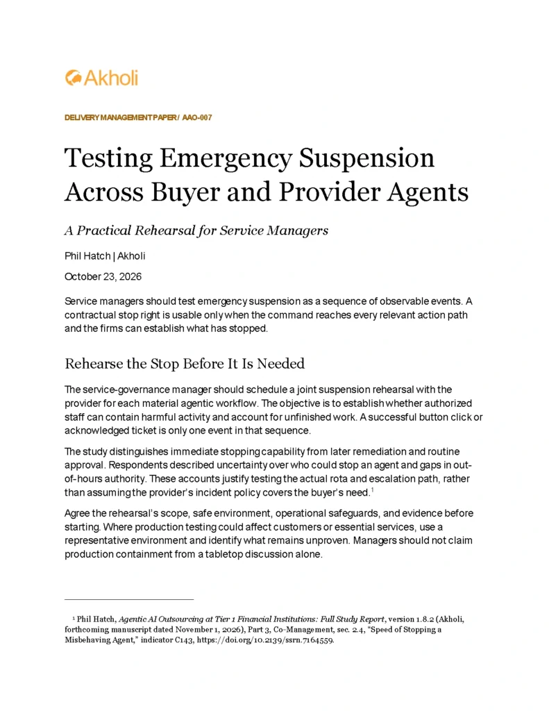 Title page: Testing Emergency Suspension Across Buyer and Provider Agents — A Practical Rehearsal for Service Managers. Phil Hatch, Akholi, October 23, 2026.
