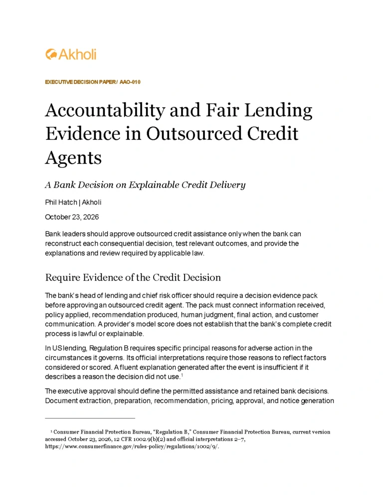 Title page: Accountability and Fair Lending Evidence in Outsourced Credit Agents — A Bank Decision on Explainable Credit Delivery. Phil Hatch, Akholi, October 23, 2026.