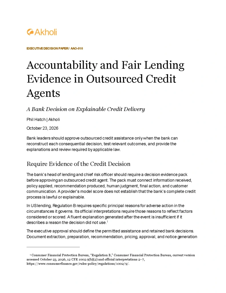 Title page: Accountability and Fair Lending Evidence in Outsourced Credit Agents — A Bank Decision on Explainable Credit Delivery. Phil Hatch, Akholi, October 23, 2026.