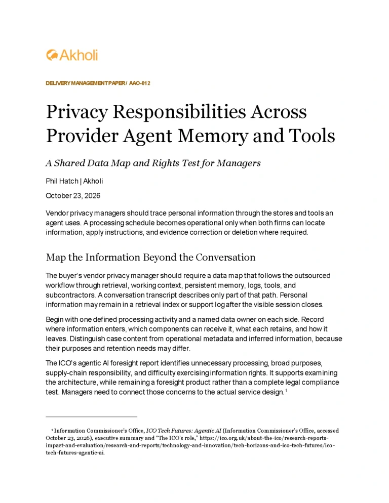 Title page: Privacy Responsibilities Across Provider Agent Memory and Tools — A Shared Data Map and Rights Test for Managers. Phil Hatch, Akholi, October 23, 2026.