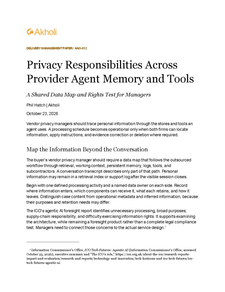 Title page: Privacy Responsibilities Across Provider Agent Memory and Tools — A Shared Data Map and Rights Test for Managers. Phil Hatch, Akholi, October 23, 2026.