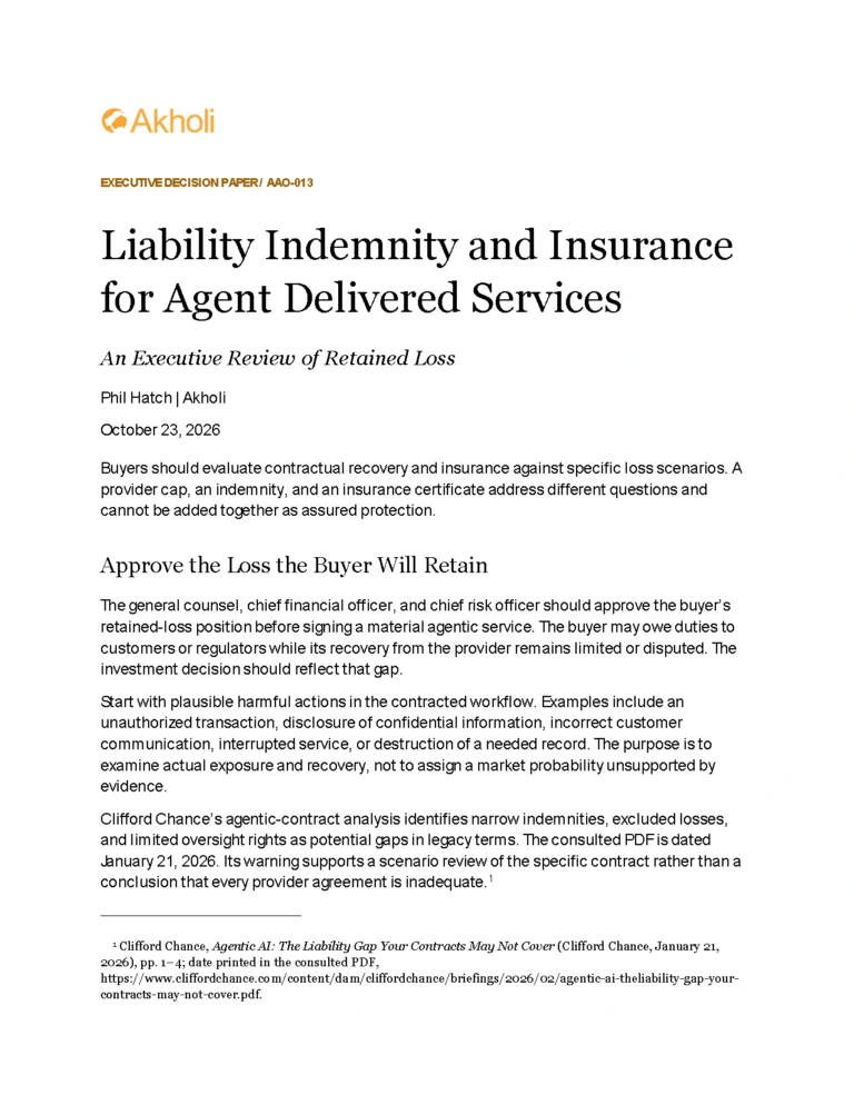Title page: Liability Indemnity and Insurance for Agent Delivered Services — An Executive Review of Retained Loss. Phil Hatch, Akholi, October 23, 2026.