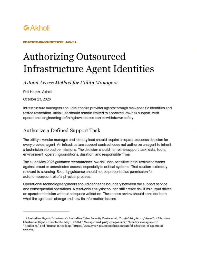 Title page: Authorizing Outsourced Infrastructure Agent Identities — A Joint Access Method for Utility Managers. Phil Hatch, Akholi, October 23, 2026.