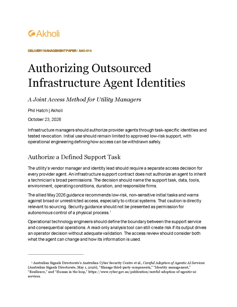 Title page: Authorizing Outsourced Infrastructure Agent Identities — A Joint Access Method for Utility Managers. Phil Hatch, Akholi, October 23, 2026.