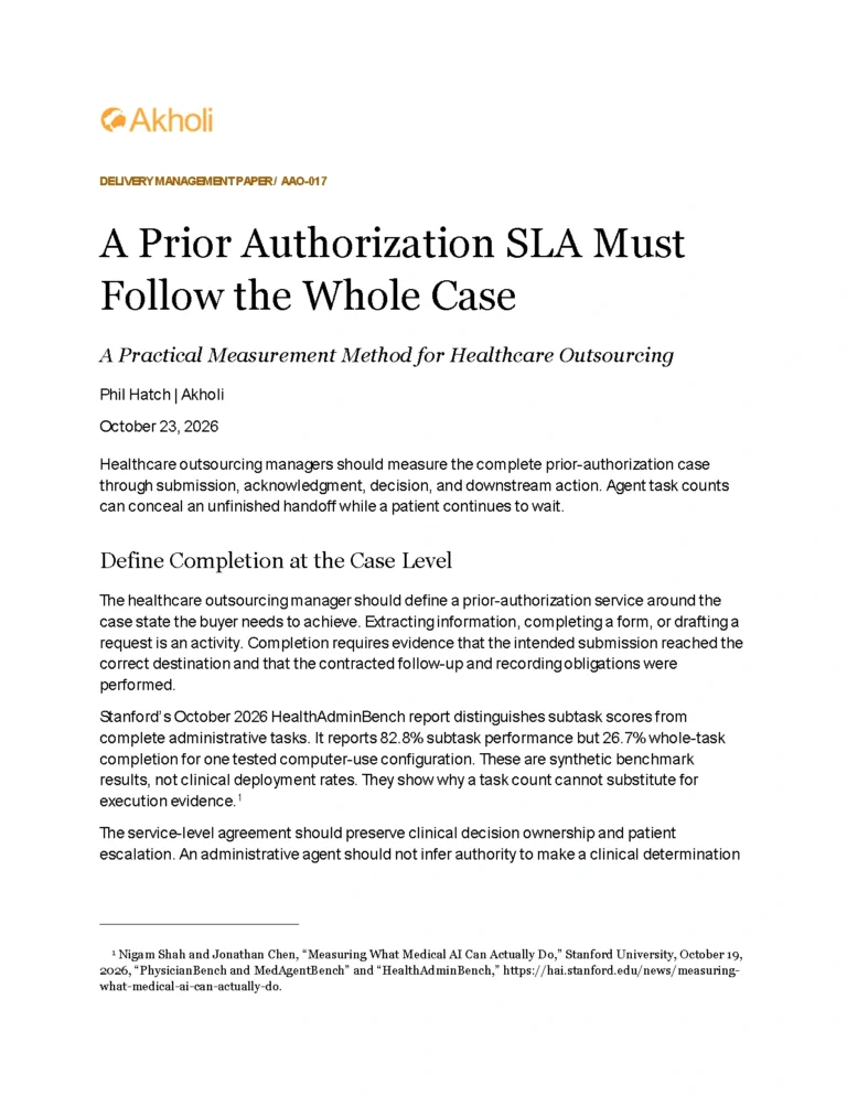 Title page: A Prior Authorization SLA Must Follow the Whole Case — A Practical Measurement Method for Healthcare Outsourcing. Phil Hatch, Akholi, October 23, 2026.