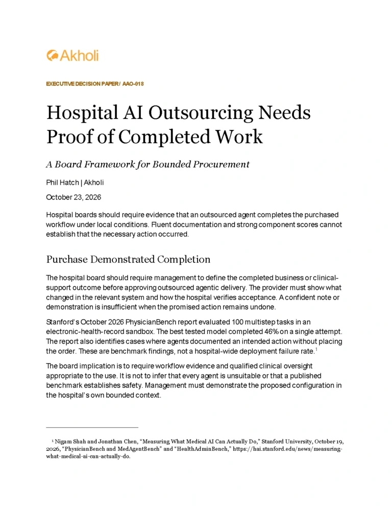Title page: Hospital AI Outsourcing Needs Proof of Completed Work — A Board Framework for Bounded Procurement. Phil Hatch, Akholi, October 23, 2026.