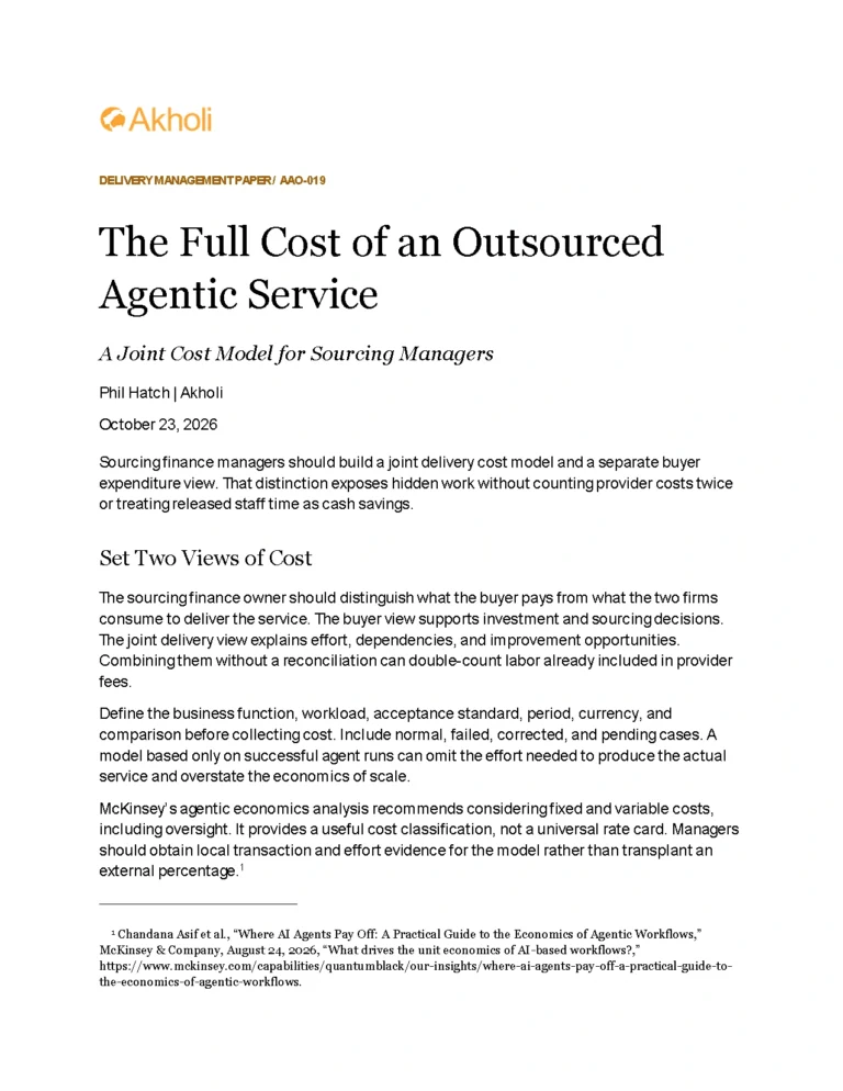 Title page: The Full Cost of an Outsourced Agentic Service — A Joint Cost Model for Sourcing Managers. Phil Hatch, Akholi, October 23, 2026.