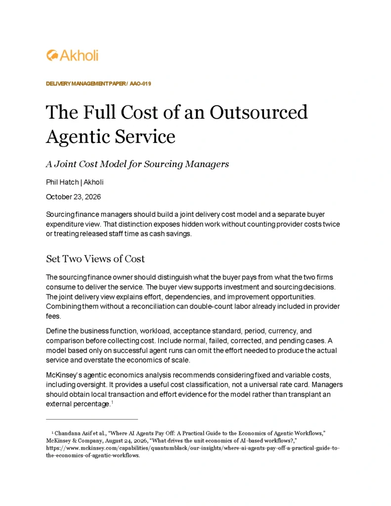 Title page: The Full Cost of an Outsourced Agentic Service — A Joint Cost Model for Sourcing Managers. Phil Hatch, Akholi, October 23, 2026.