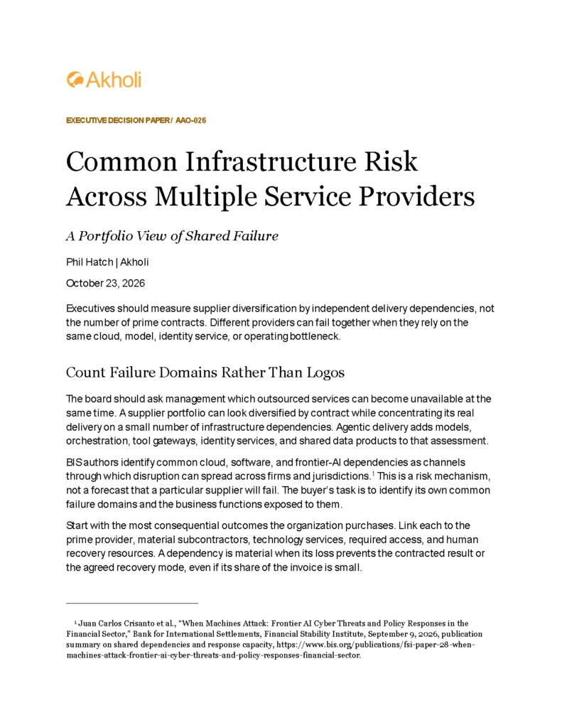 Title page: Common Infrastructure Risk Across Multiple Service Providers — A Portfolio View of Shared Failure. Phil Hatch, Akholi, October 23, 2026.