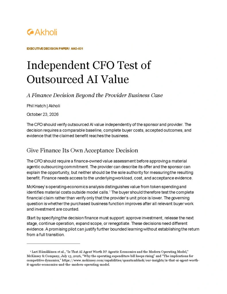 Title page: Independent CFO Test of Outsourced AI Value — A Finance Decision Beyond the Provider Business Case. Phil Hatch, Akholi, October 23, 2026.