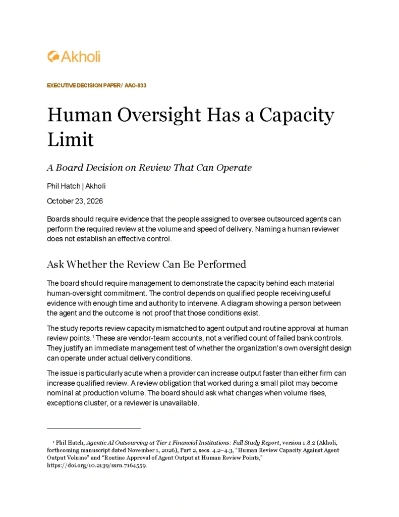 Title page: Human Oversight Has a Capacity Limit — A Board Decision on Review That Can Operate. Phil Hatch, Akholi, October 23, 2026.