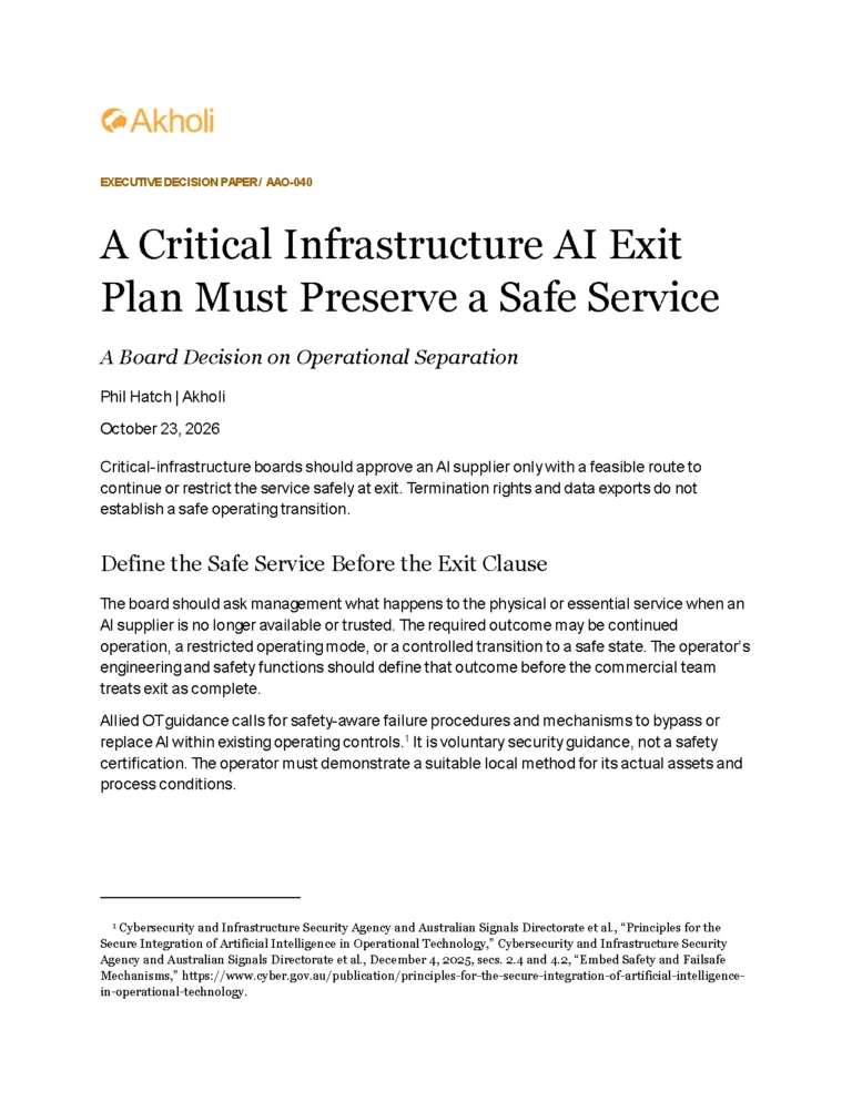 Title page: A Critical Infrastructure AI Exit Plan Must Preserve a Safe Service — A Board Decision on Operational Separation. Phil Hatch, Akholi, October 23, 2026.