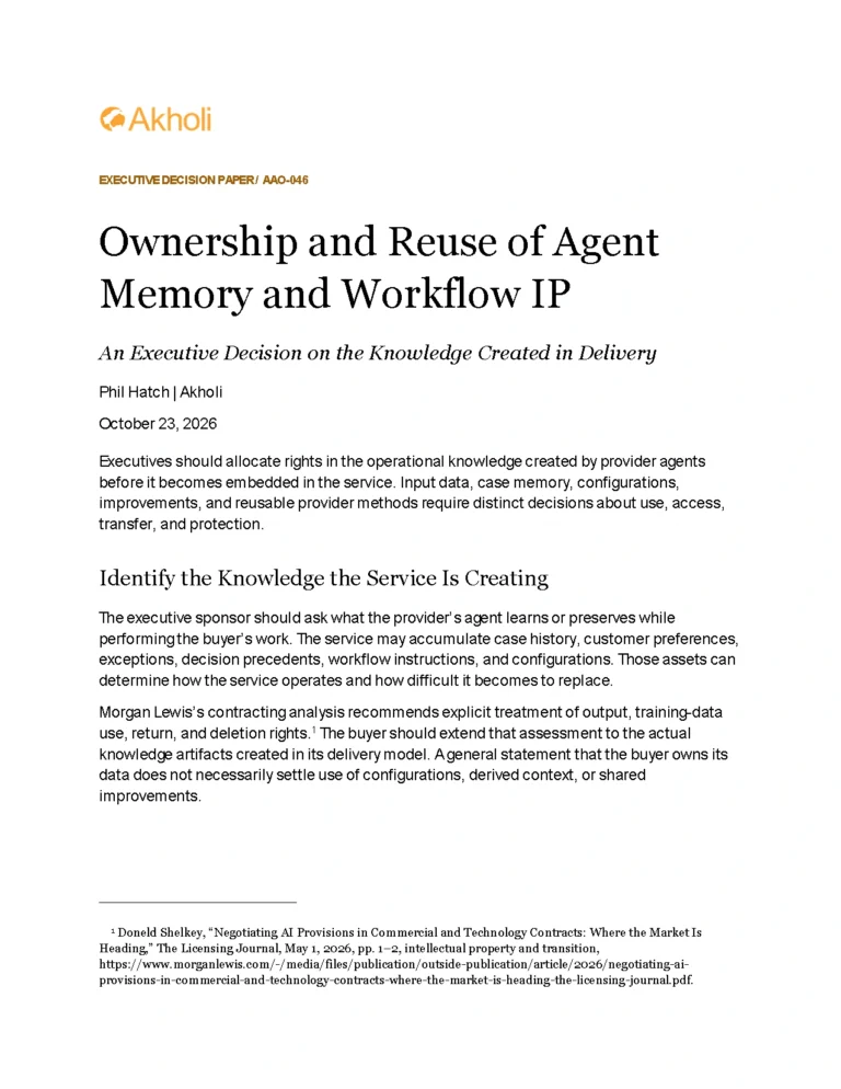 Title page: Ownership and Reuse of Agent Memory and Workflow IP — An Executive Decision on the Knowledge Created in Delivery. Phil Hatch, Akholi, October 23, 2026.