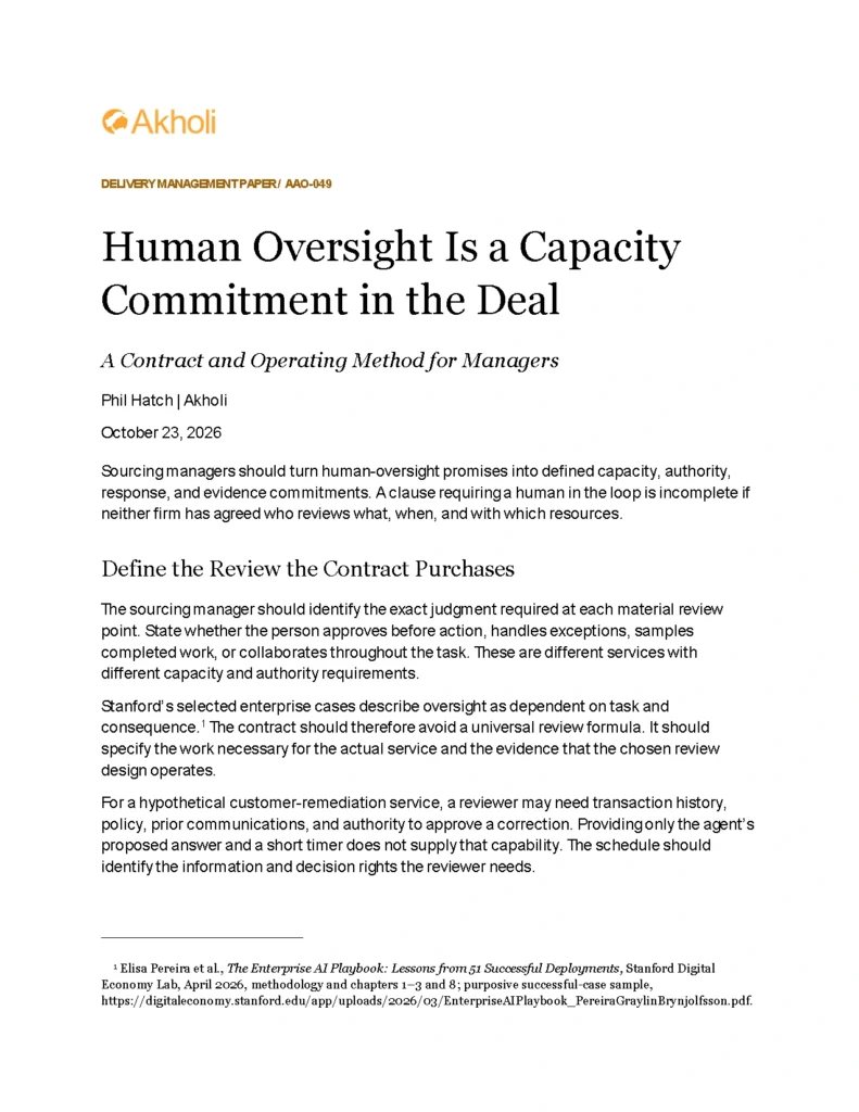 Title page: Human Oversight Is a Capacity Commitment in the Deal — A Contract and Operating Method for Managers. Phil Hatch, Akholi, October 23, 2026.