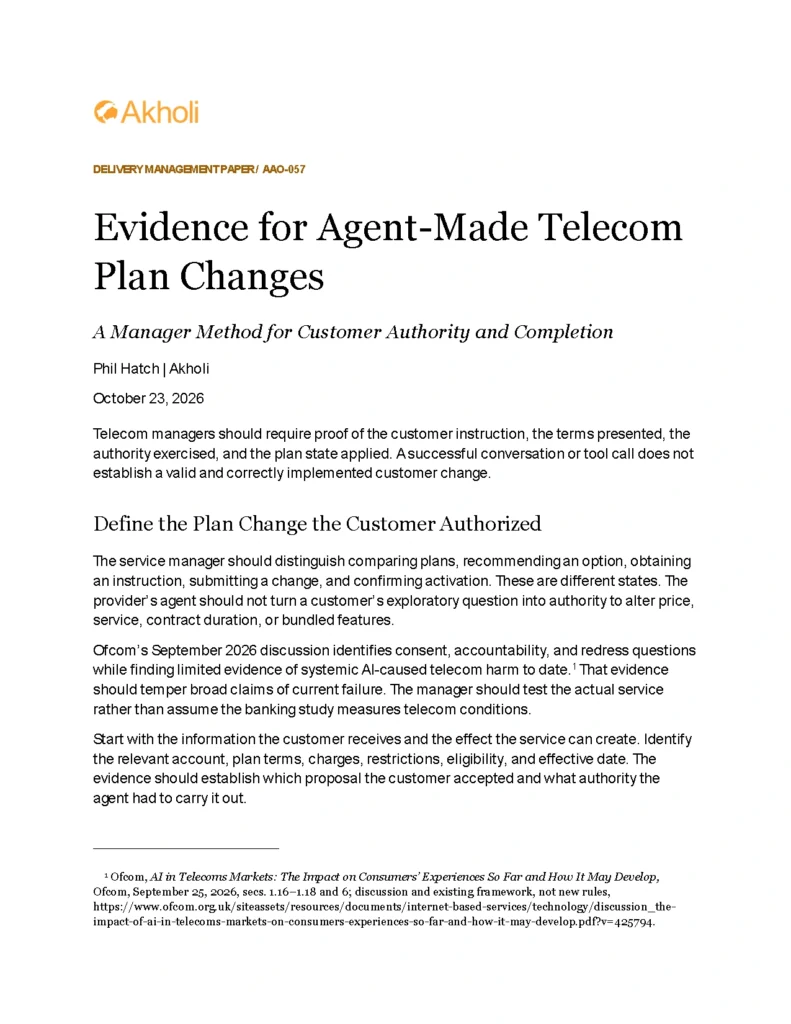 Title page: Evidence for Agent-Made Telecom Plan Changes — A Manager Method for Customer Authority and Completion. Phil Hatch, Akholi, October 23, 2026.
