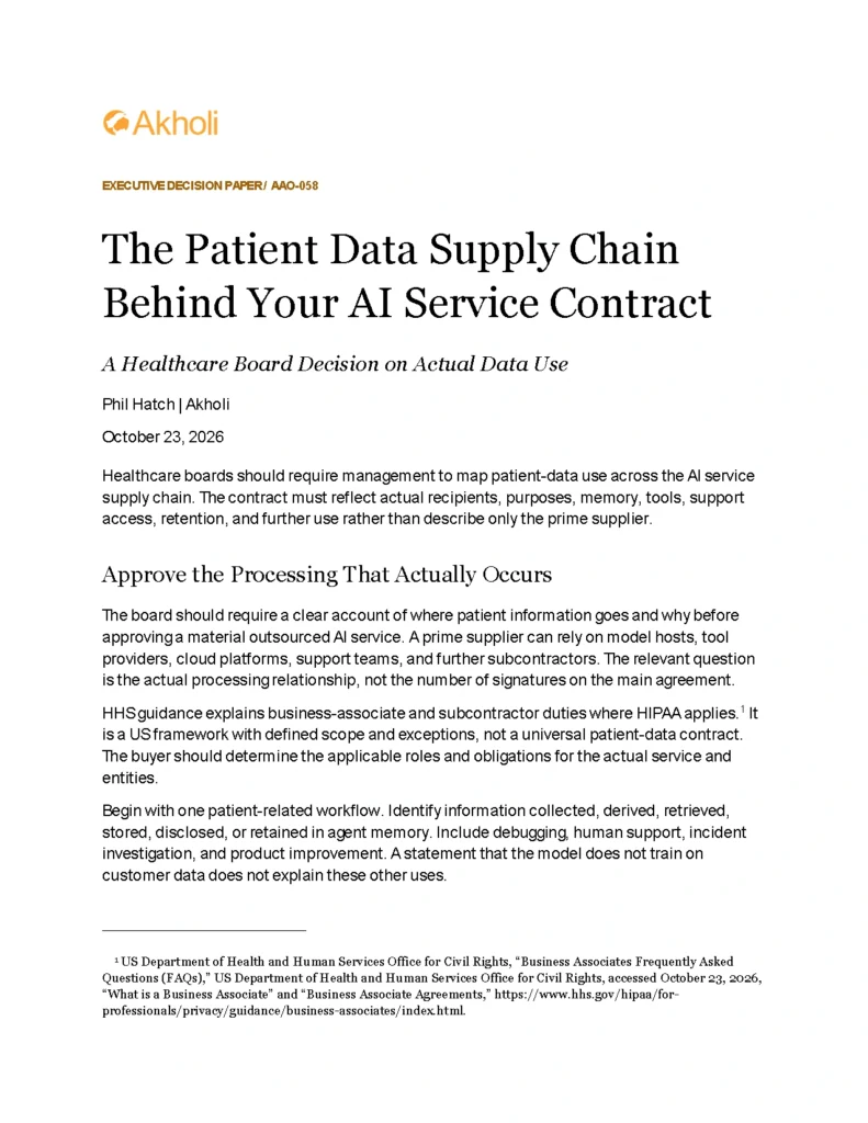 Title page: The Patient Data Supply Chain Behind Your AI Service Contract — A Healthcare Board Decision on Actual Data Use. Phil Hatch, Akholi, October 23, 2026.