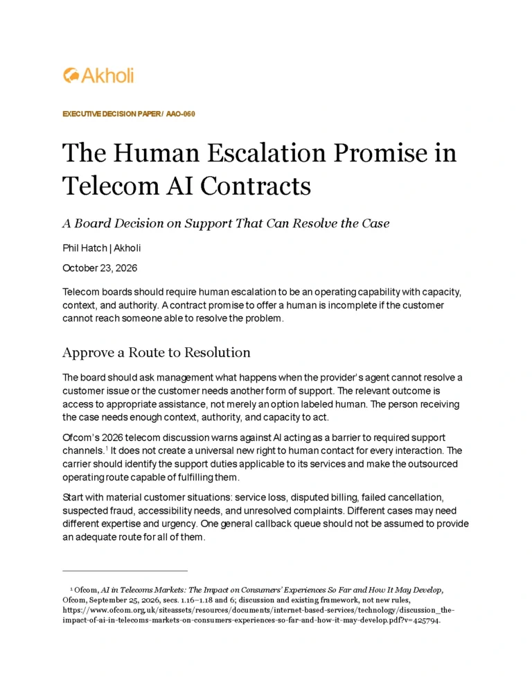 Title page: The Human Escalation Promise in Telecom AI Contracts — A Board Decision on Support That Can Resolve the Case. Phil Hatch, Akholi, October 23, 2026.