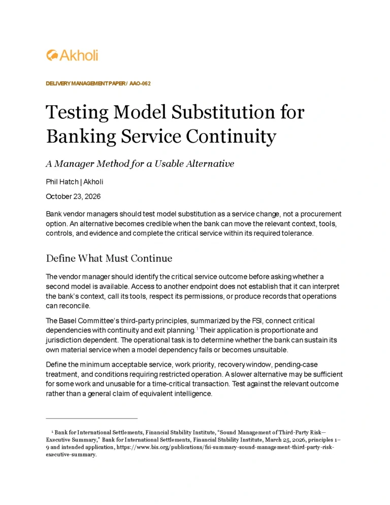 Title page: Testing Model Substitution for Banking Service Continuity — A Manager Method for a Usable Alternative. Phil Hatch, Akholi, October 23, 2026.