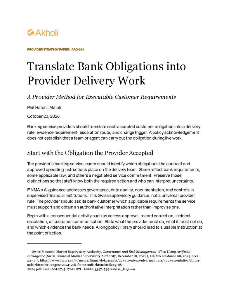Title page: Translate Bank Obligations into Provider Delivery Work — A Provider Method for Executable Customer Requirements. Phil Hatch, Akholi, October 23, 2026.