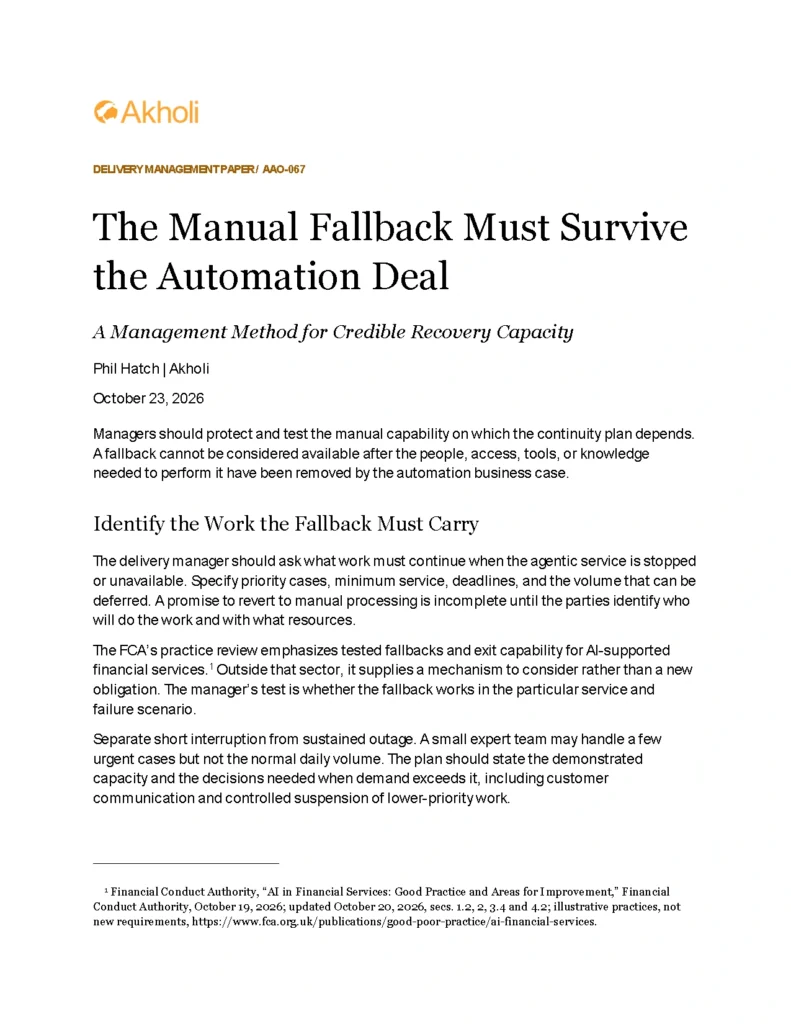 Title page: The Manual Fallback Must Survive the Automation Deal — A Management Method for Credible Recovery Capacity. Phil Hatch, Akholi, October 23, 2026.