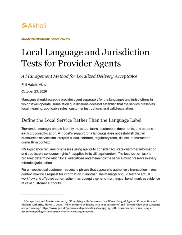 Title page: Local Language and Jurisdiction Tests for Provider Agents — A Management Method for Localized Delivery Acceptance. Phil Hatch, Akholi, October 23, 2026.