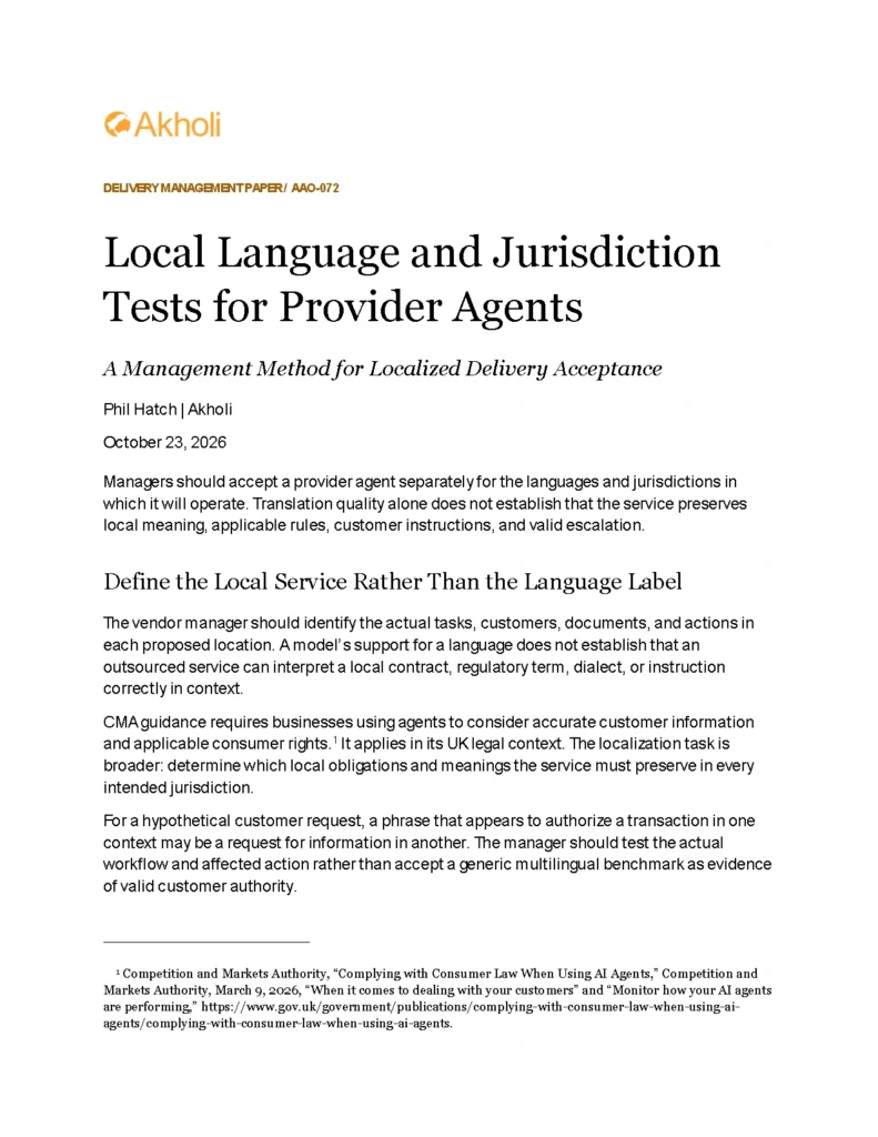 Title page: Local Language and Jurisdiction Tests for Provider Agents — A Management Method for Localized Delivery Acceptance. Phil Hatch, Akholi, October 23, 2026.