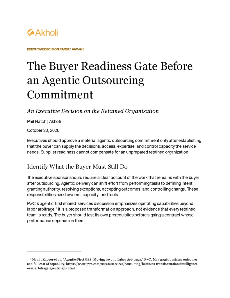 Title page: The Buyer Readiness Gate Before an Agentic Outsourcing Commitment — An Executive Decision on the Retained Organization. Phil Hatch, Akholi, October 23, 2026.