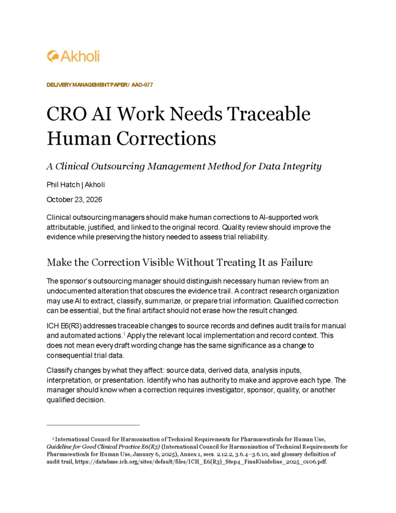 Title page: CRO AI Work Needs Traceable Human Corrections — A Clinical Outsourcing Management Method for Data Integrity. Phil Hatch, Akholi, October 23, 2026.