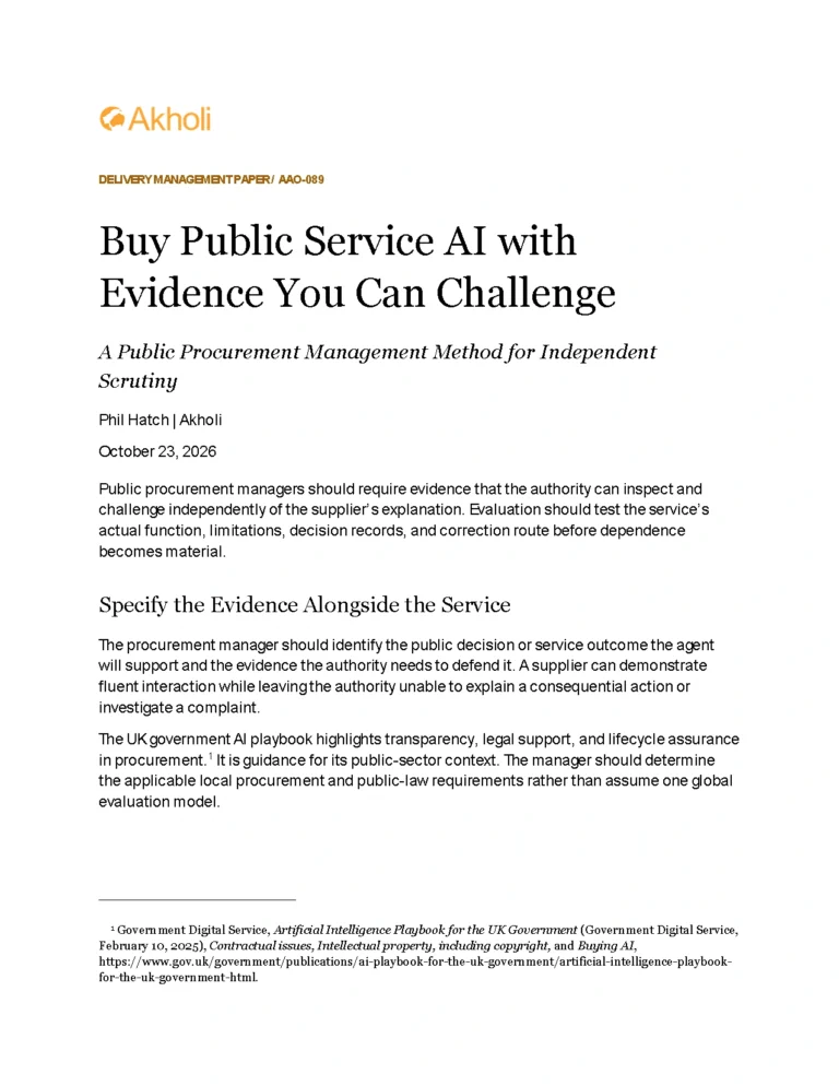 Title page: Buy Public Service AI with Evidence You Can Challenge — A Public Procurement Management Method for Independent Scrutiny. Phil Hatch, Akholi, October 23, 2026.