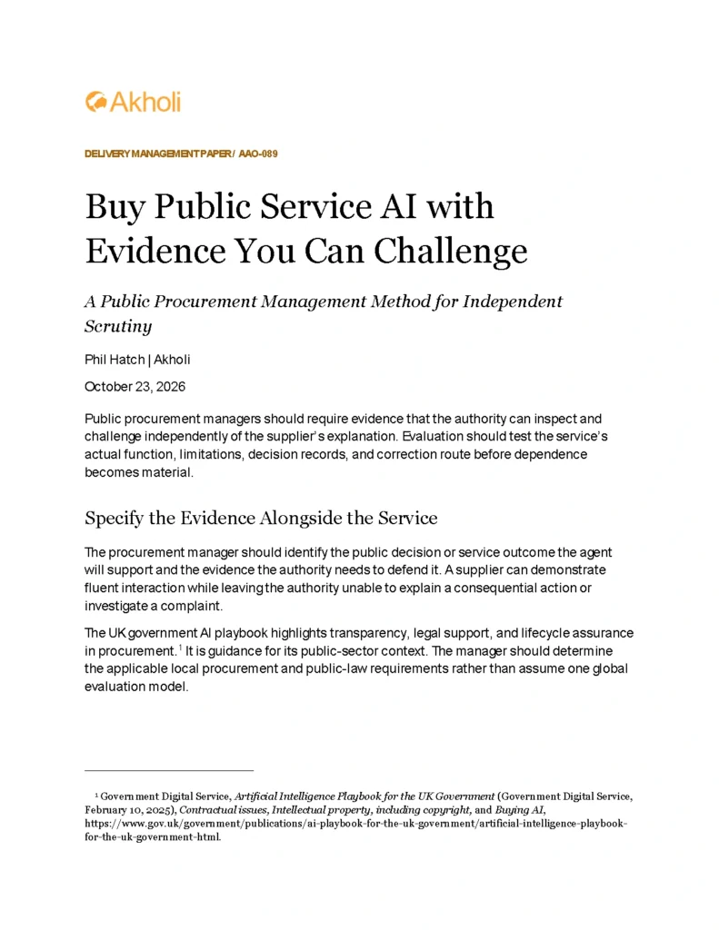 Title page: Buy Public Service AI with Evidence You Can Challenge — A Public Procurement Management Method for Independent Scrutiny. Phil Hatch, Akholi, October 23, 2026.