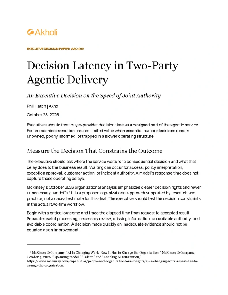 Title page: Decision Latency in Two-Party Agentic Delivery — An Executive Decision on the Speed of Joint Authority. Phil Hatch, Akholi, October 23, 2026.