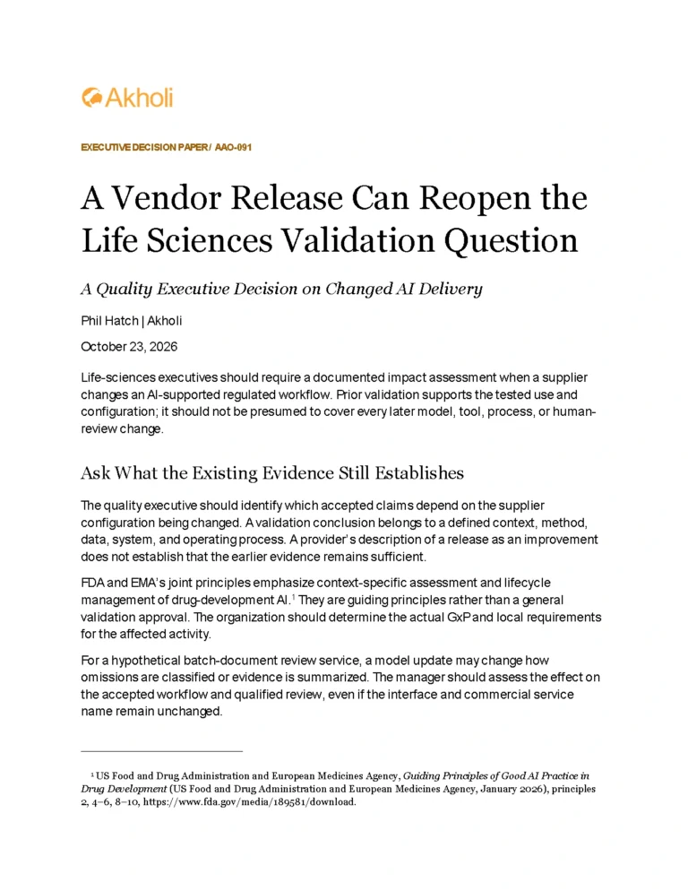 Title page: A Vendor Release Can Reopen the Life Sciences Validation Question — A Quality Executive Decision on Changed AI Delivery. Phil Hatch, Akholi, October 23, 2026.