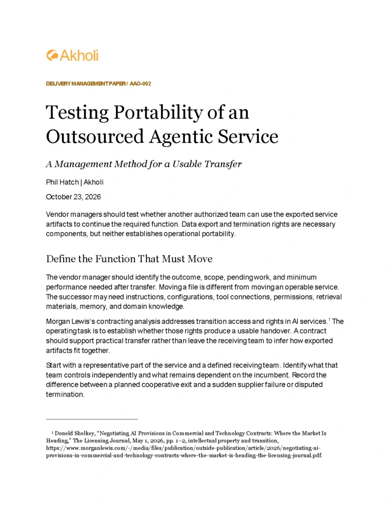 Title page: Testing Portability of an Outsourced Agentic Service — A Management Method for a Usable Transfer. Phil Hatch, Akholi, October 23, 2026.