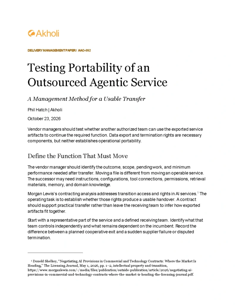 Title page: Testing Portability of an Outsourced Agentic Service — A Management Method for a Usable Transfer. Phil Hatch, Akholi, October 23, 2026.