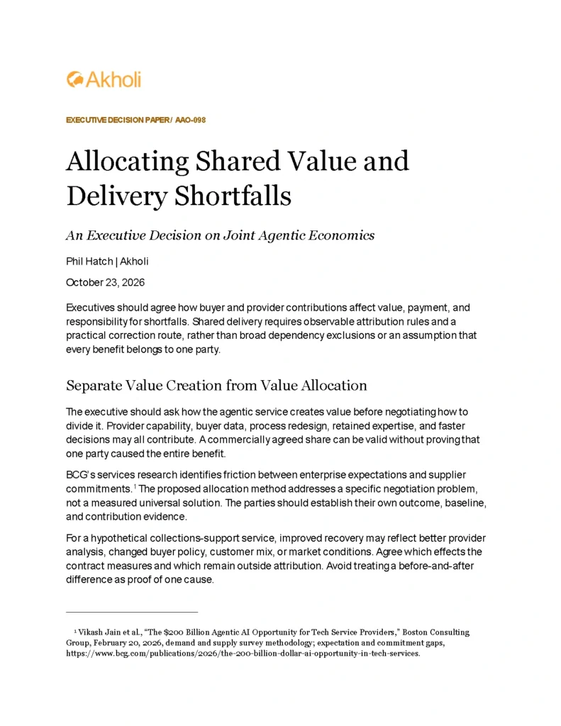 Title page: Allocating Shared Value and Delivery Shortfalls — An Executive Decision on Joint Agentic Economics. Phil Hatch, Akholi, October 23, 2026.