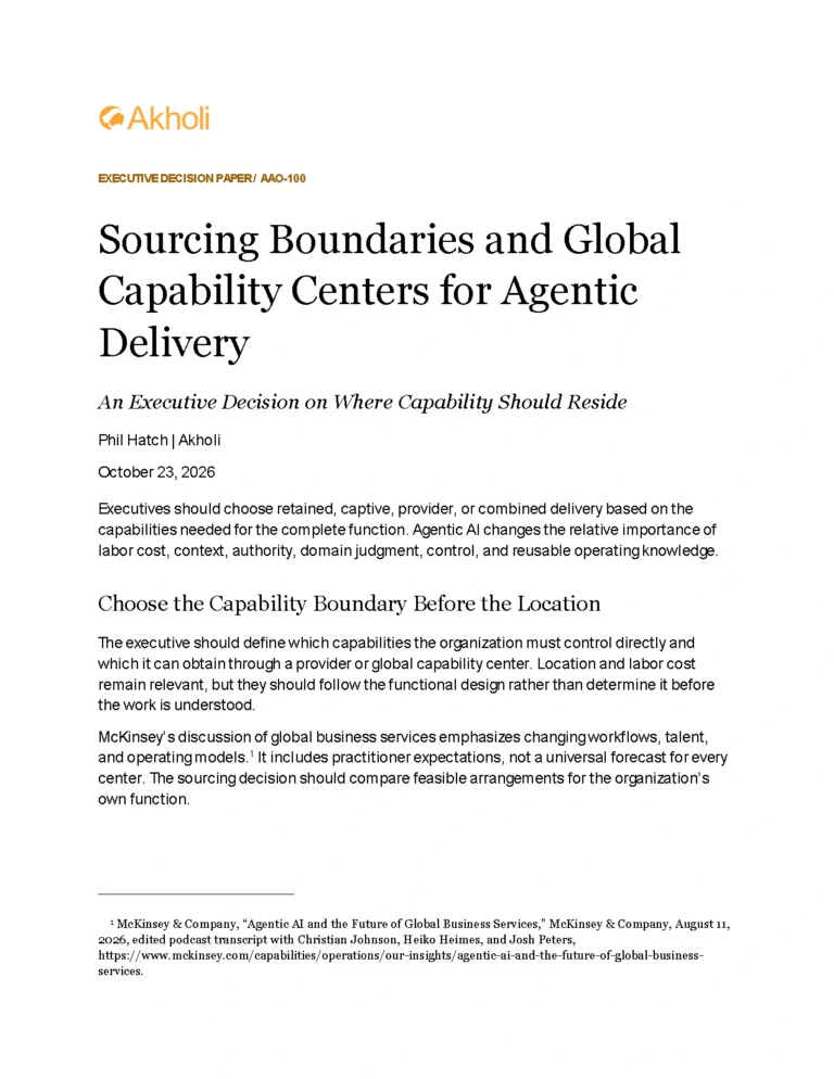 Title page: Sourcing Boundaries and Global Capability Centers for Agentic Delivery — An Executive Decision on Where Capability Should Reside. Phil Hatch, Akholi, October 23, 2026.