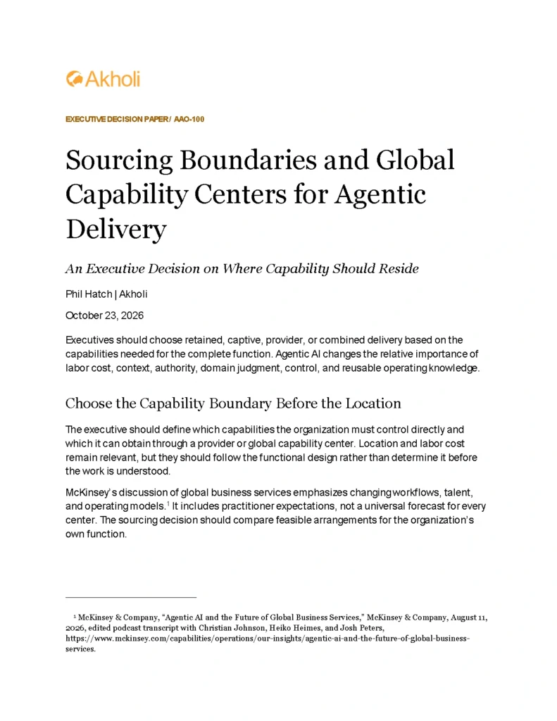 Title page: Sourcing Boundaries and Global Capability Centers for Agentic Delivery — An Executive Decision on Where Capability Should Reside. Phil Hatch, Akholi, October 23, 2026.