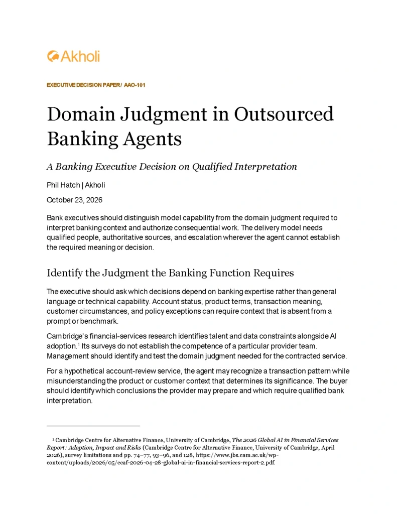 Title page: Domain Judgment in Outsourced Banking Agents — A Banking Executive Decision on Qualified Interpretation. Phil Hatch, Akholi, October 23, 2026.