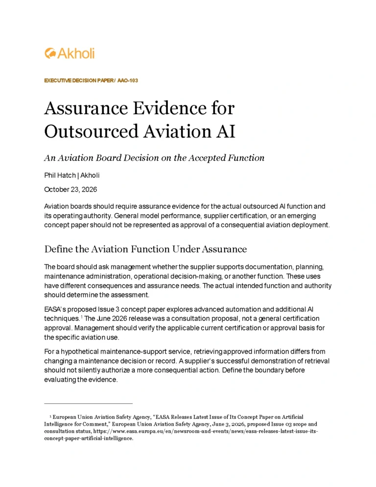 Title page: Assurance Evidence for Outsourced Aviation AI — An Aviation Board Decision on the Accepted Function. Phil Hatch, Akholi, October 23, 2026.