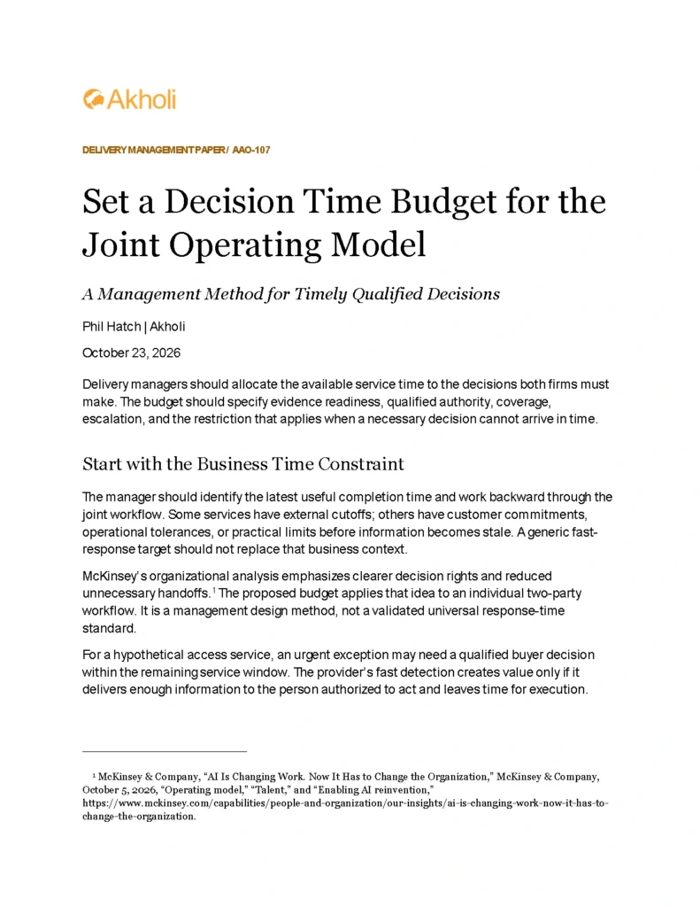 Title page: Set a Decision Time Budget for the Joint Operating Model — A Management Method for Timely Qualified Decisions. Phil Hatch, Akholi, October 23, 2026.