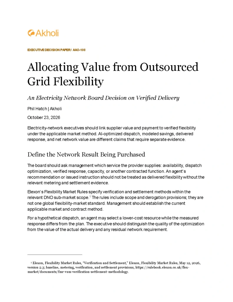 Title page: Allocating Value from Outsourced Grid Flexibility — An Electricity Network Board Decision on Verified Delivery. Phil Hatch, Akholi, October 23, 2026.