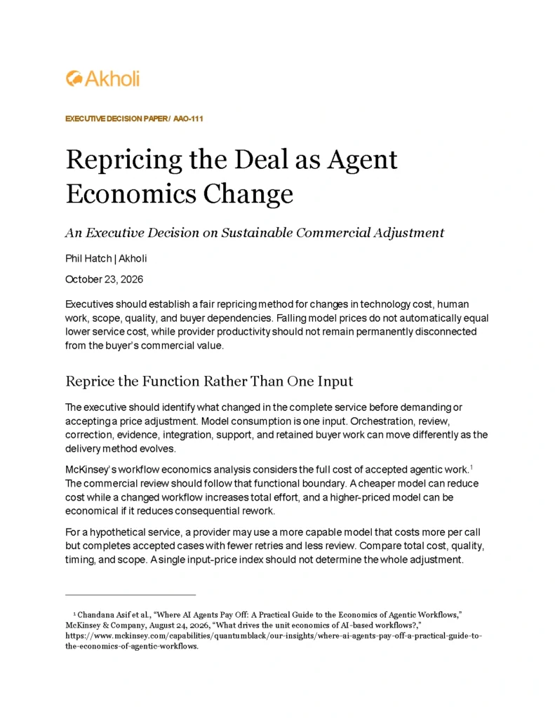 Title page: Repricing the Deal as Agent Economics Change — An Executive Decision on Sustainable Commercial Adjustment. Phil Hatch, Akholi, October 23, 2026.