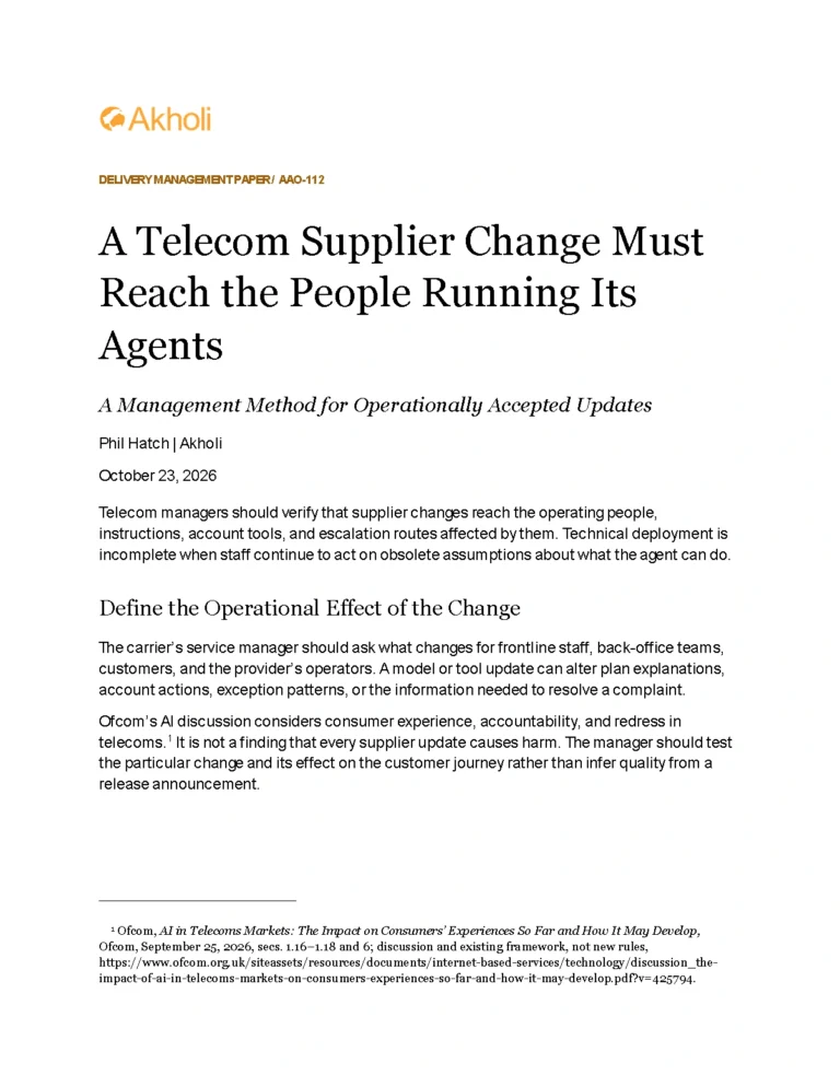 Title page: A Telecom Supplier Change Must Reach the People Running Its Agents — A Management Method for Operationally Accepted Updates. Phil Hatch, Akholi, October 23, 2026.