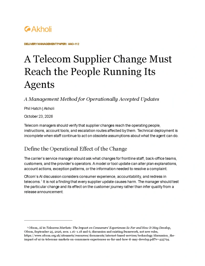 Title page: A Telecom Supplier Change Must Reach the People Running Its Agents — A Management Method for Operationally Accepted Updates. Phil Hatch, Akholi, October 23, 2026.