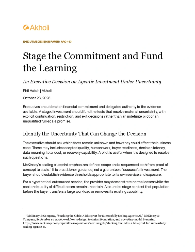 Title page: Stage the Commitment and Fund the Learning — An Executive Decision on Agentic Investment Under Uncertainty. Phil Hatch, Akholi, October 23, 2026.